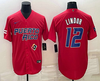 Mens Puerto Rico Baseball #12 Francisco Lindor 2023 Red World Baseball Classic Stitched Jersey->2023 world baseball classic->MLB Jersey